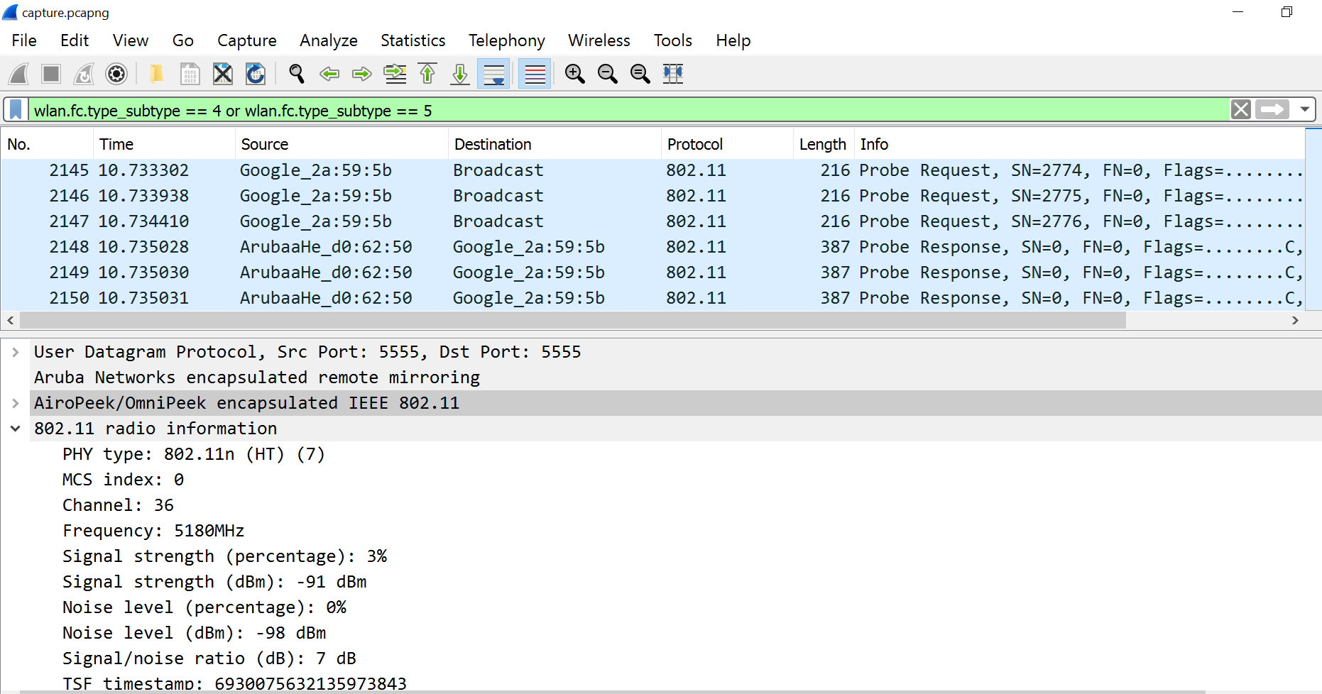 How to capture Probe Request and Probe Response, with 802.11 radio information. Wireless Access